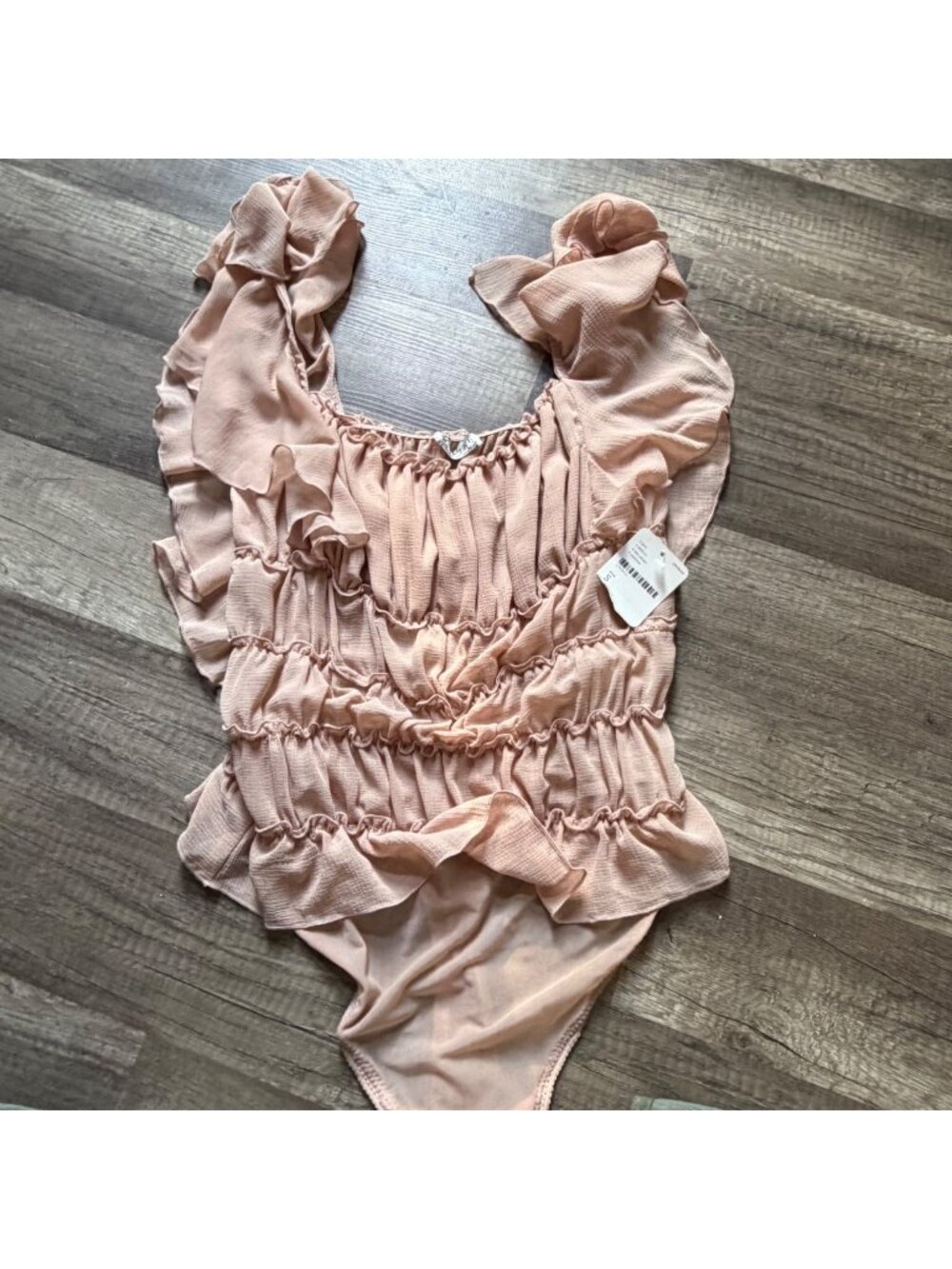 Intimately Free People Pink Ruffled Bodysuit With Sheer Sleeves Size Small New W